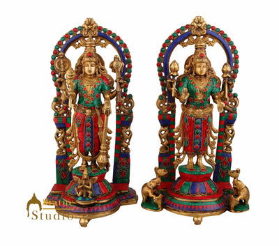 Hindu God Goddess Vishnu Lakshmi Laxmi Standing Inlay Décor Statue Idol 14"