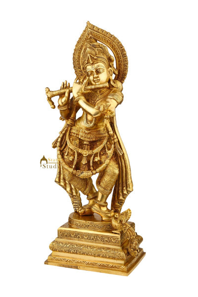 Brass Hindu God Murli Krishna Fluting Large Décor Statue Big Religious 2 ft Idol