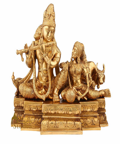 Vintage Brass Radha Krishna Masterpiece Home Décor Large Idol Statue On Base 17"