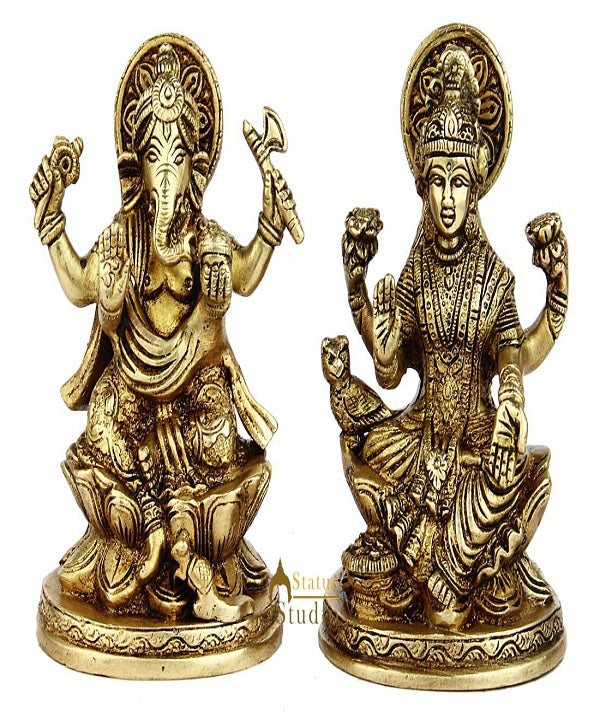 Brass hindu gods goddess ganesh laxmi pair statue idol religious figure 5" - 44900