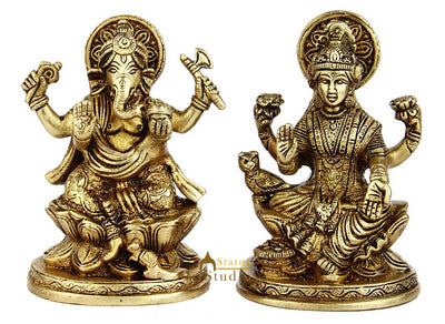 Brass hindu gods goddess ganesh laxmi pair statue idol religious figure 5"