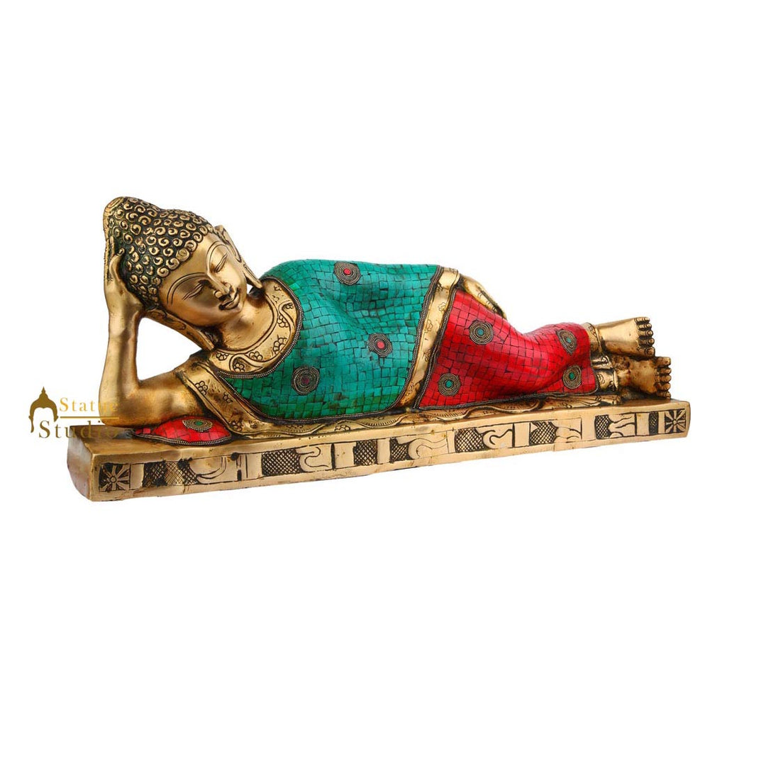 Indian Large Turquoise Coral Finish Sleeping Buddha Living Room Décor Statue 20"