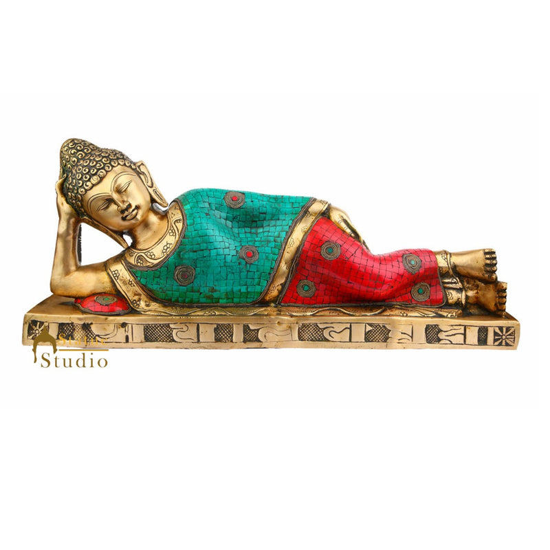 Indian Large Turquoise Coral Finish Sleeping Buddha Living Room Décor Statue 20"