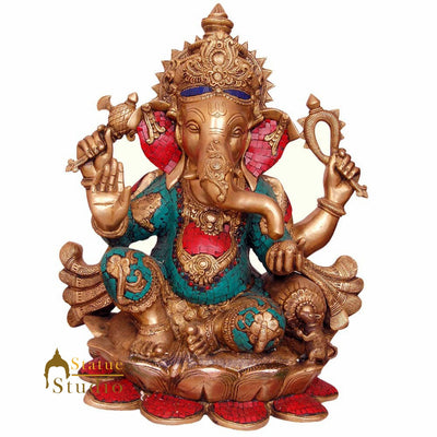 Elegant Large Size Ganpat Décor Idol On Lotus Ganesh Hindu God Statue Inlay 21"