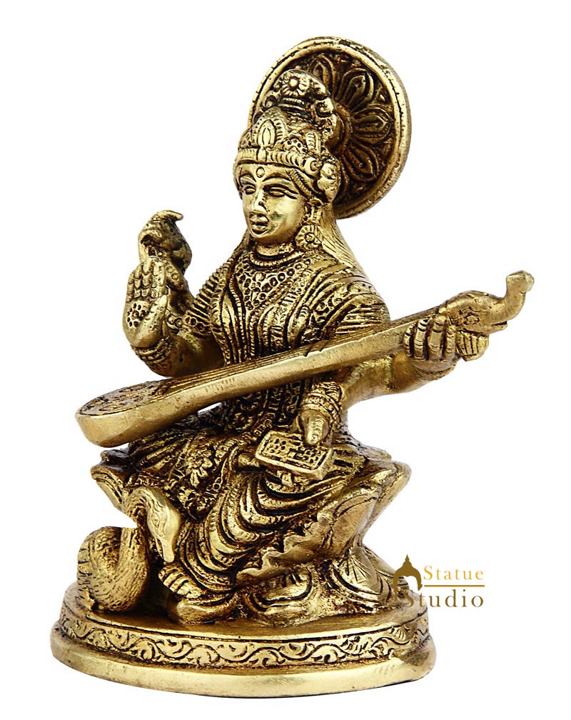Brass bronze metal india goddess maa saraswati with sitar statue 5"