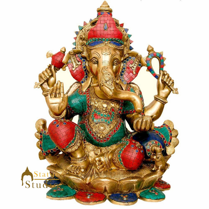Indian Large Size Ganpat Décor Idol On Lotus Ganesh Hindu God Statue Inlay 21"