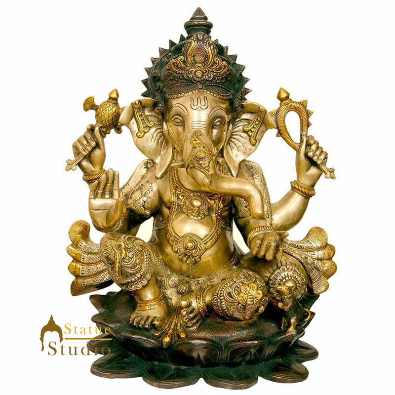 South Indian Large Size Ganpat Décor Idol On Lotus Ganesh Hindu God Statue 21"