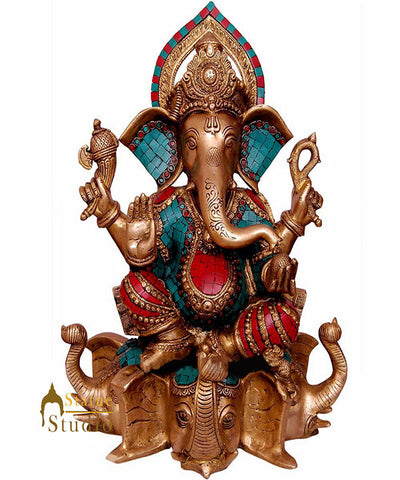 Turquoise Coral Inlay Finish Ganesh Sitting On Elephant Trunk Ganpat Statue 17"