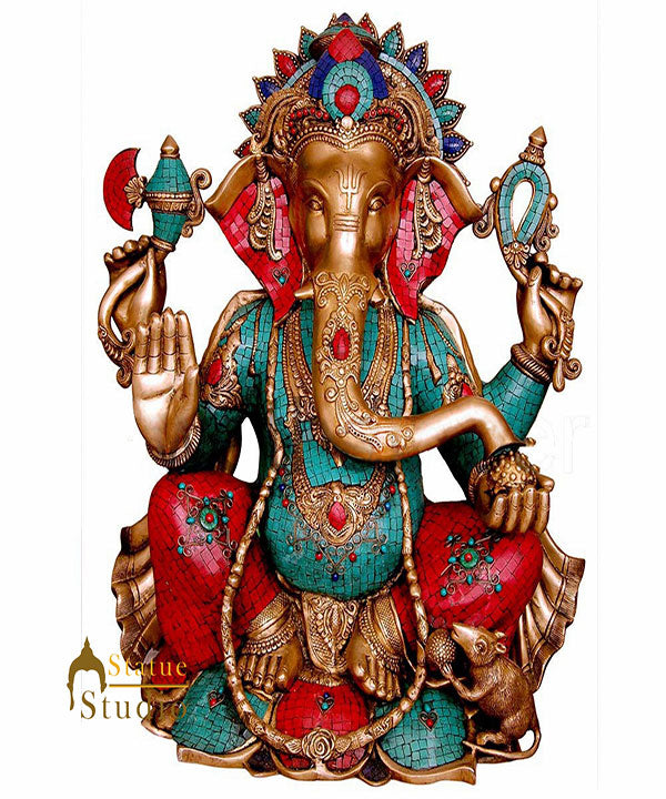 Large Size Ganpati Ganesha Home Décor Religious Inlay Idol Hindu God Statue 28"