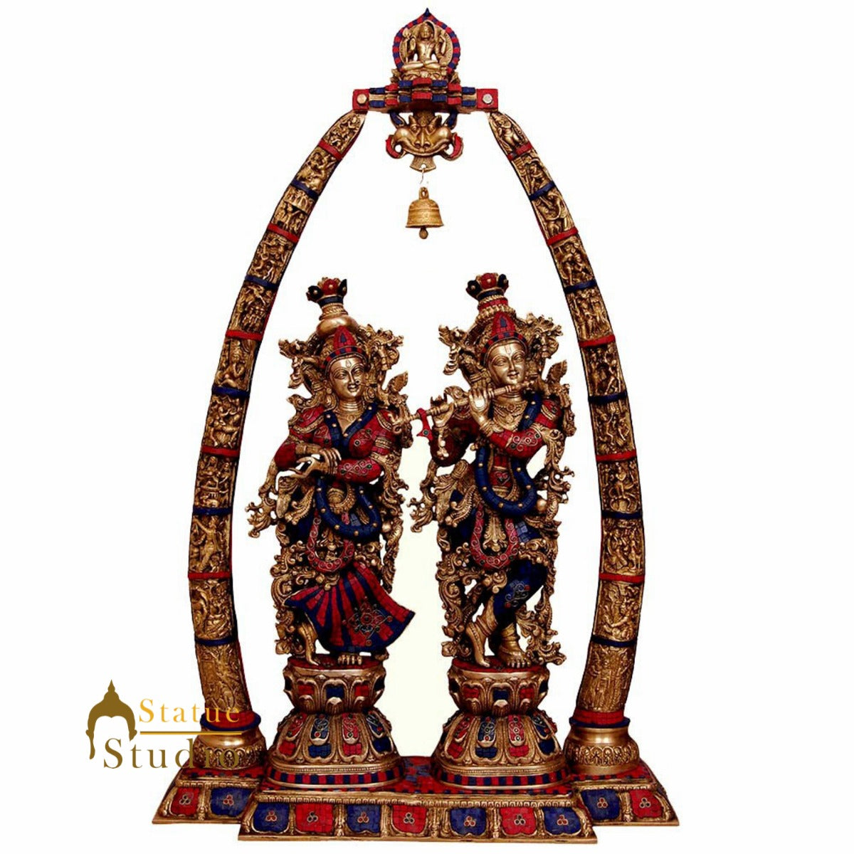 Large Size Brass Tusk Set Radha Krishna Temple Statue Big Inlay Décor