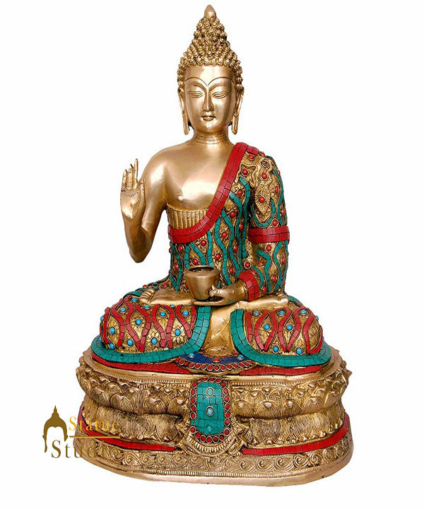Indian Brass Tibet Buddhism God Buddha Inlay Décor Statue Gift Idol For Sale 20"