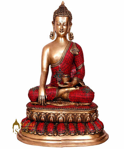 Large Home Office Room Décor Brass Buddha Inlay Statue Big Idol For Sale 22"