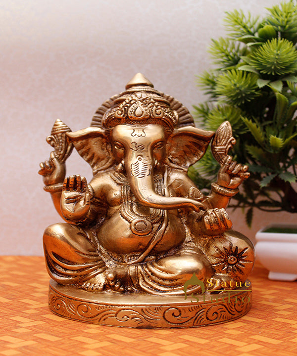 Brass hindu god lord ganesha sitting on couch indian hand made statue 6"