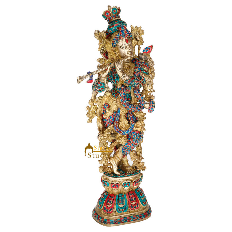 Brass Very Fine Inlay Krishna Religious Gift Décor Statue Masterpiece Idol 29"