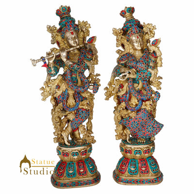 Brass Fine Inlay Radha Krishna Religious Gift Décor Statue Masterpiece Idol 29"