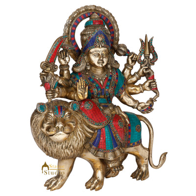 Indian Hindu Goddess Durga Sherawali With Lion Statue Temple Inlay Idol 2 Feet