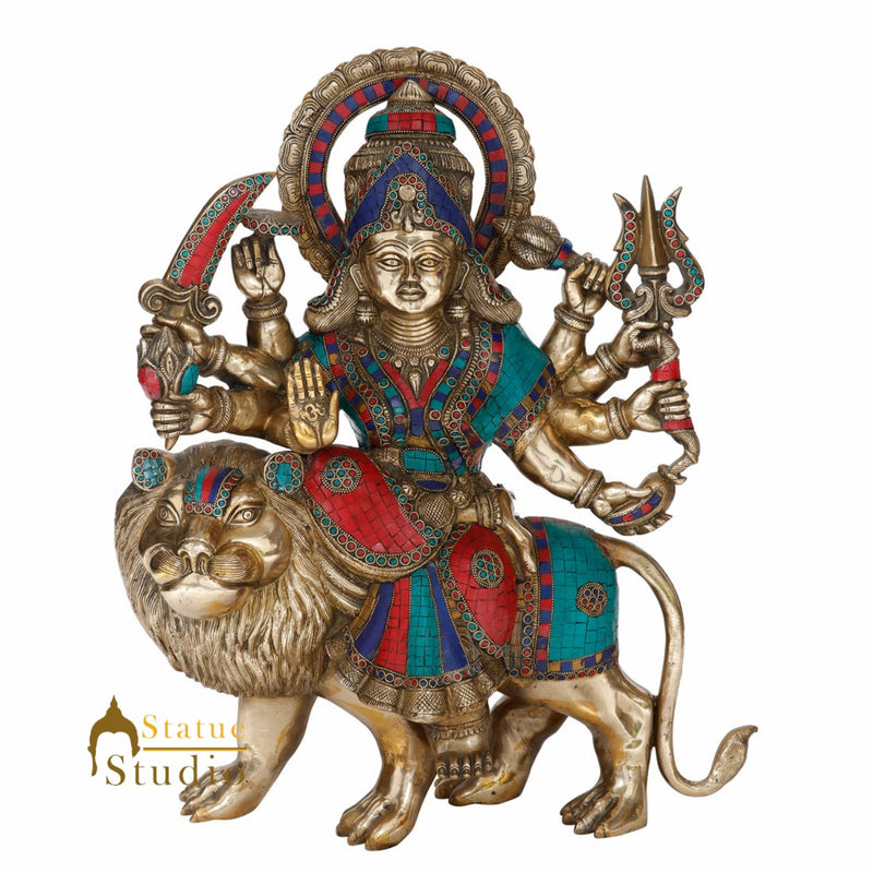 Indian Hindu Goddess Durga Sherawali With Lion Statue Temple Inlay Idol 2 Feet