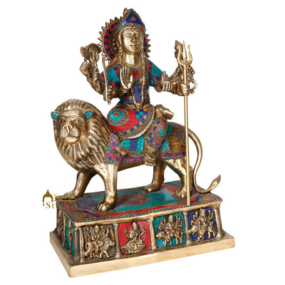 Brass Hindu Goddess Durga Sherawali With Lion Statue Temple Inlay Idol 2 Feet