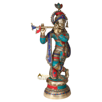Large Size Fine Inlay Work Lord Krishna Idol Décor Gift Murti Statue 3 Feet