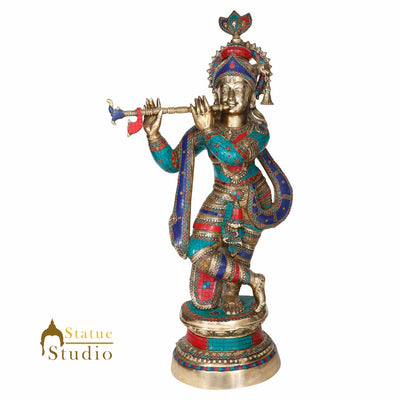Large Size Fine Inlay Work Lord Krishna Idol Décor Gift Murti Statue 3 Feet