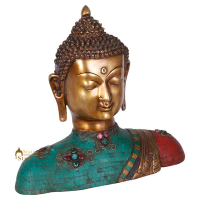 Antique Inlay Work Chinese Brass Buddha Bust Décor Idol Showpiece Statue 14"