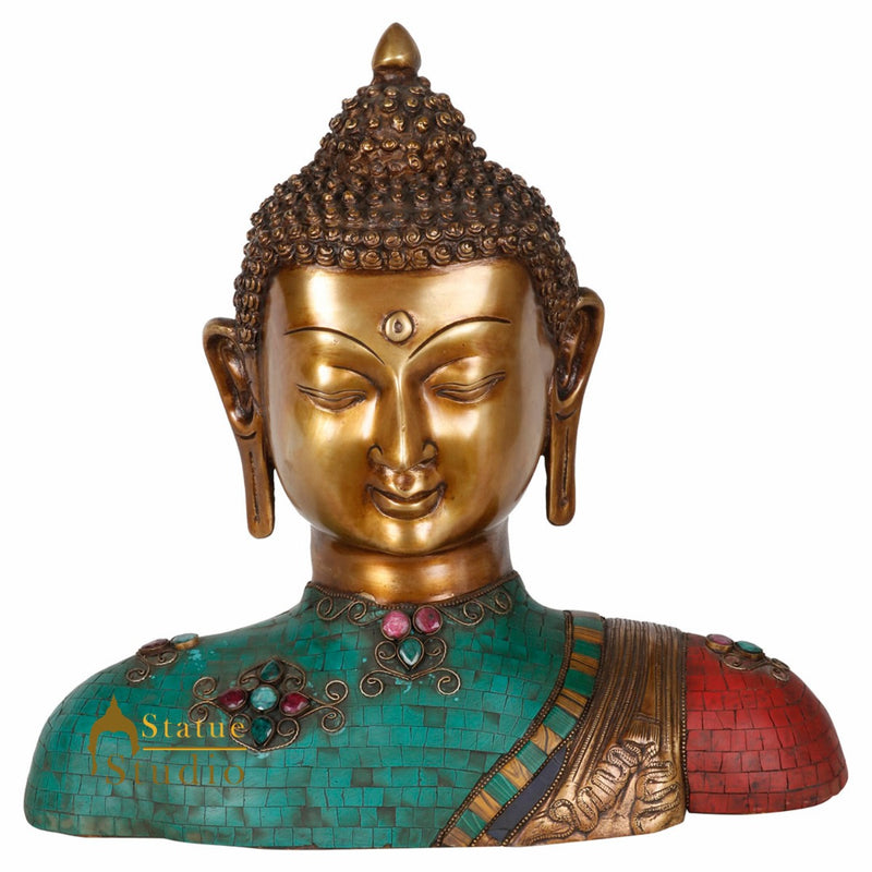 Antique Inlay Work Chinese Brass Buddha Bust Décor Idol Showpiece Statue 14"