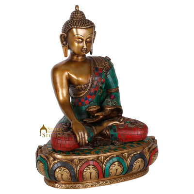 Antique Inlay Work Chinese Sakyamuni Buddha Bust Décor Idol Showpiece Statue 14"