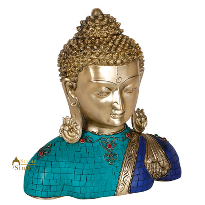 Brass Buddha Bust Indian Handicraft Turquoise Coral Stone Inlay Finish Idol 11"