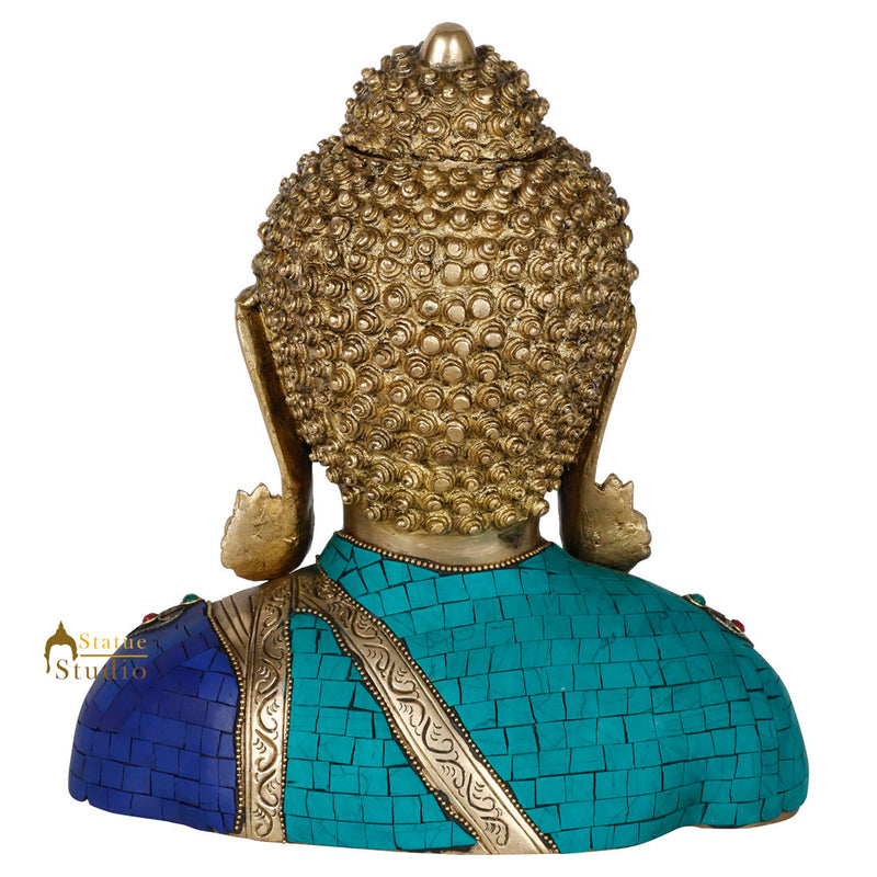 Brass Buddha Bust Indian Handicraft Turquoise Coral Stone Inlay Finish Idol 11"