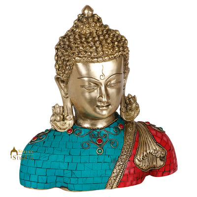 Brass Buddha Bust Indian Handicraft Turquoise Coral Stone Inlay Finish Statue 9"