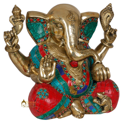 Indian Brass Handicraft Hindu Lord Ganesha Statue Fine Inlay Diwali Gift Idol 9"