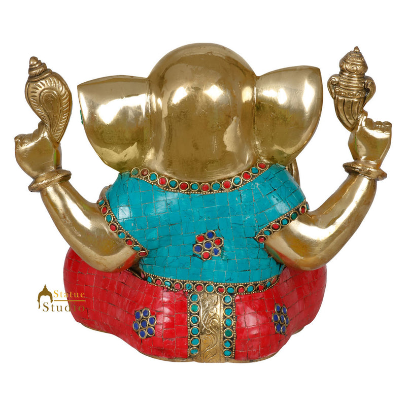 Indian Brass Handicraft Hindu Lord Ganesha Statue Fine Inlay Diwali Gift Idol 9"