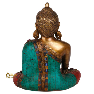 Antique Inlay Fine Japanese Long Earlobes Buddha Décor Statue Idol Showpiece 12"