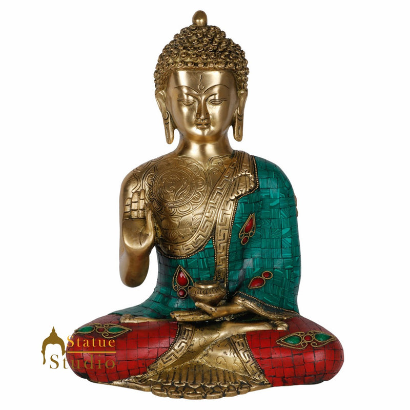 Finest Inlay Mantra Engraved Buddha Sitting Home Office Décor Statue Idol 12"