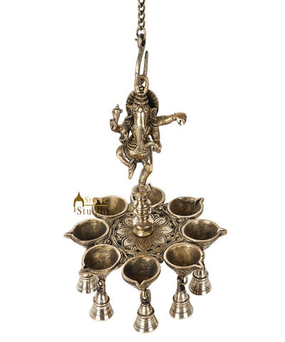 Indian Brass South Indian Style Ganesha Hanging Oil Lamp Ganpati Temple Diya 10"