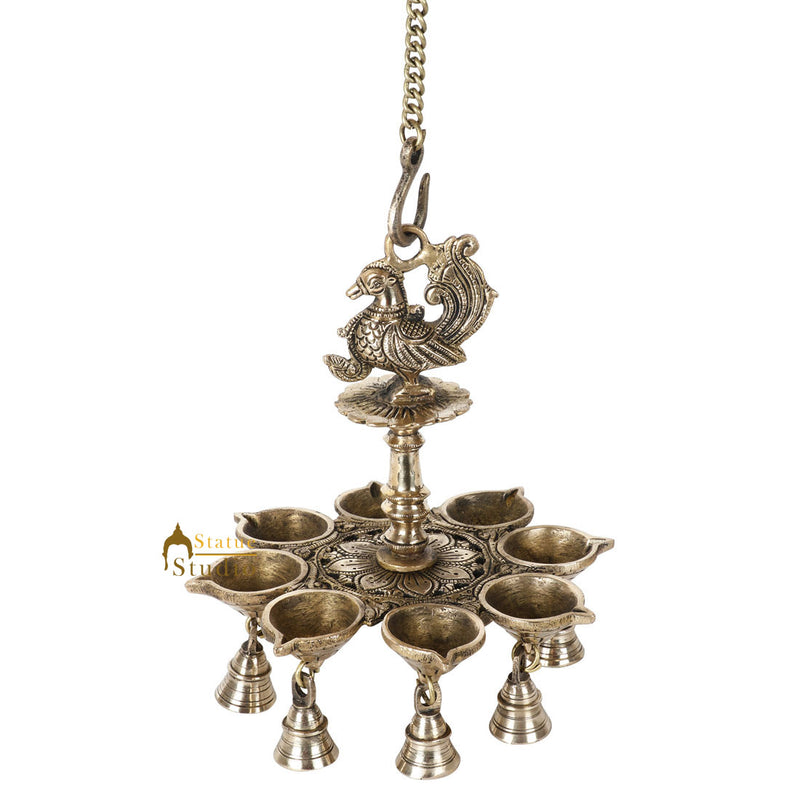 Indian Brass South Indian Style Peacock Hanging Oil Lamp Bird Temple Diya 10"