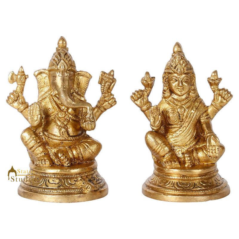 Indian Brass Hindu God Ganesh Lakshmi Diwali Décor Gift Religious Idol Statue 4"