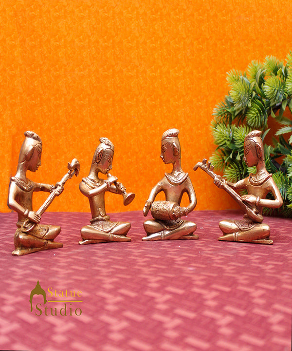 Indian Brass Musician 4 pc Set Inlay Décor Showpiece Corporate Gift Statue 4"