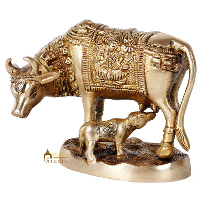 Indian Brass Handicraft Sacred Cow Calf Religious Gift Décor Idol Statue 3.5"