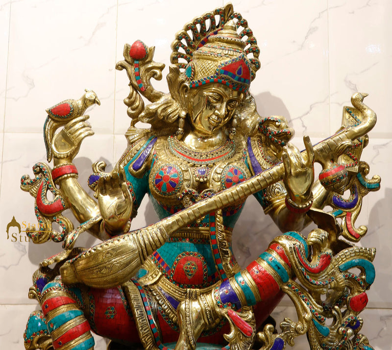 Large Size Goddess Wisdom 3 Feet Saraswati Fine Inlay Décor Statue Masterpiece