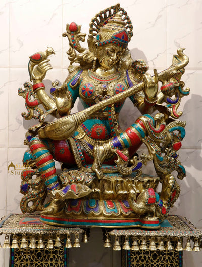 Large Size Goddess Wisdom 3 Feet Saraswati Fine Inlay Décor Statue Masterpiece