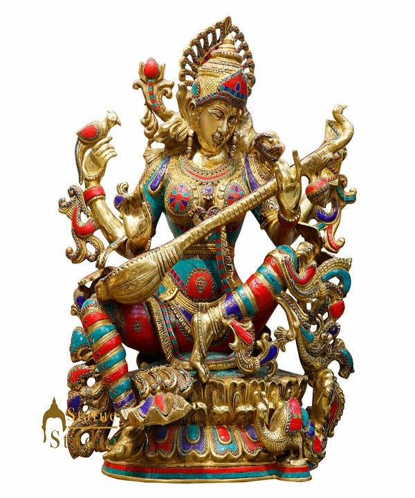 Large Size Goddess Wisdom 3 Feet Saraswati Fine Inlay Décor Statue