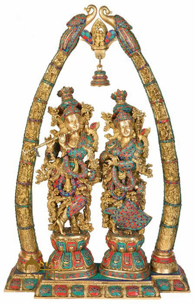 Indian Hindu God Goddess Radha Krishna Arch Inlay Décor Statue Idol Figure 4 Ft