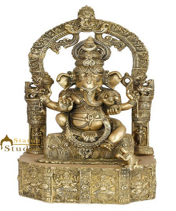 Lord Ganesha Statue Ganpati Murti Idol On Base Carved with Indian Deities 20"