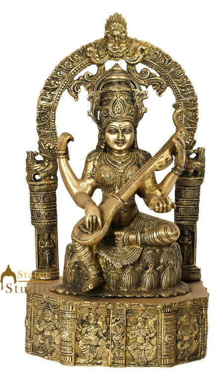 Goddess Of Wisdom Saraswati Statue Idol On Base Carved with Indian Deities 20"