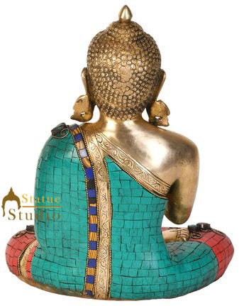 Indian Fine Brass Inlay Gautam Buddha Statue Idol Décor Gifting Figurine 13"