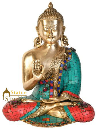 Indian Fine Brass Inlay Gautam Buddha Statue Idol Décor Gifting Figurine 13"