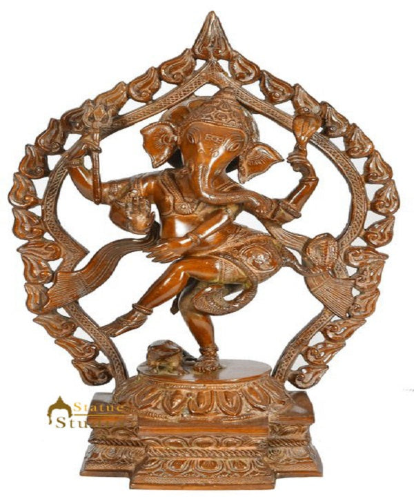 Brass Indian Crafted Dancing Ganesha Statue With Flaming Aureole Décor Idol 15"