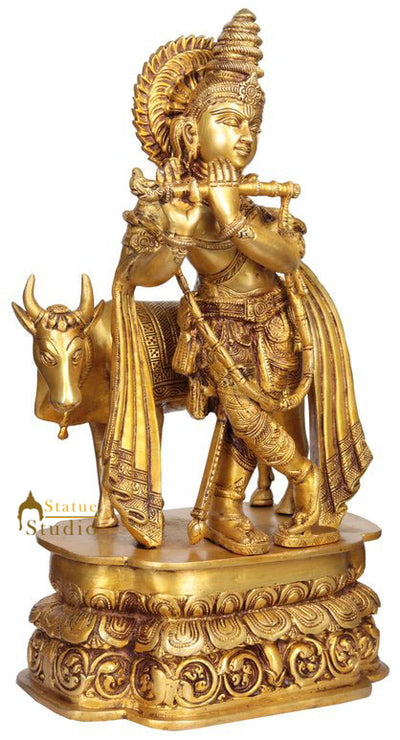 Indian Brass Hindu God Murli Manohar Krishna Idol With Cow Décor Statue 20"