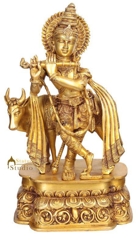 Indian Brass Hindu God Murli Manohar Krishna Idol With Cow Décor Statue 20"
